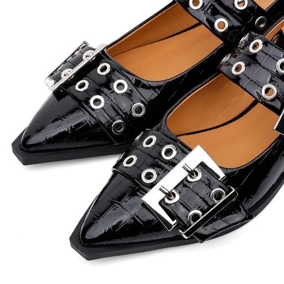 New Double Buckle Ballet Flats Silver NWT Black Slip On Pointed Toe Faux Leather - Picture 11 of 16